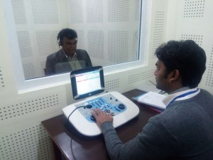 VC Prof. Bharat K. Yadav inaugarating the newly established Hearing & Speech unit by doing his own hearing assessment